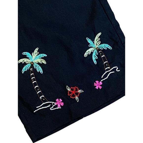 KIM ROGERS Womens M Black Linen Bld Cropped Pants Embroidered Palm Trees Pull On - Picture 3 of 5